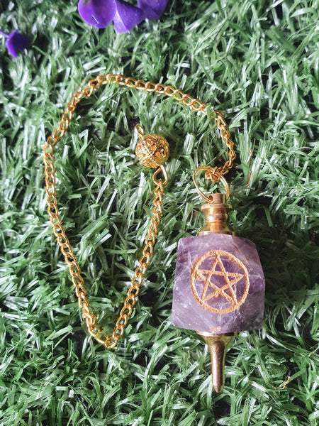 Hexagonal Gemstone Pendulum with Pentagram Symbol